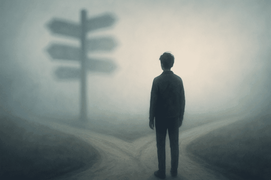 Understanding EDNOS and Unspecified Eating Disorders: How Nutrition and Lifestyle Choices Can Support Healing 2 Person standing at a foggy crossroads with blurry signposts, symbolizing diagnostic confusion in Unspecified Eating Disorders.