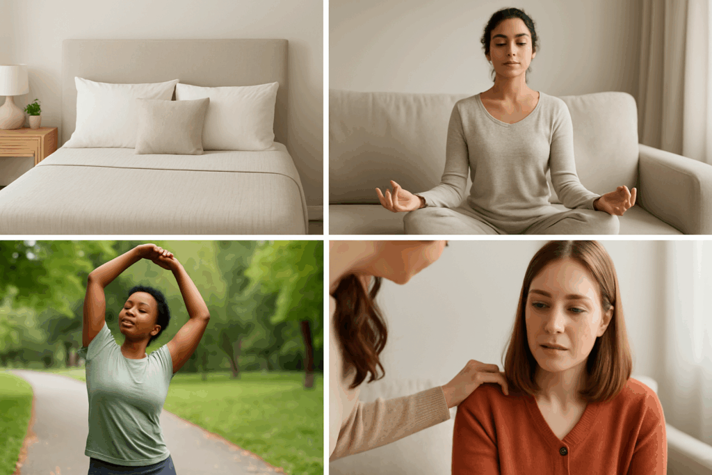 Understanding EDNOS and Unspecified Eating Disorders: How Nutrition and Lifestyle Choices Can Support Healing 5 Collage showing positive daily rituals supporting recovery from Unspecified Eating Disorders—calm bedroom, meditation, outdoor stretching, and supportive friendship