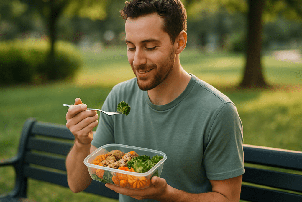 A light-skinned man relaxes on a black metal bench in a sunlit park, savoring a balanced frozen meal of grilled chicken, sweet potatoes, and broccoli. His casual green t-shirt and contemplative gaze into the distance evoke a sense of mindfulness and ease, highlighting how outdoor dining can pair with frozen meal delivery for a healthier lifestyle.