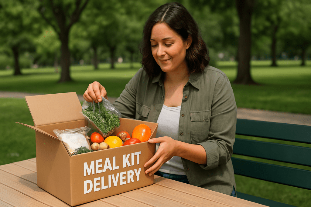 Best Meal Delivery for Families: Expert-Recommended Meal Kits and HelloFresh Competitors That Make Healthy Eating Easier 2 A young woman on a green bench lifts fresh kale from an open meal kit box, smiling softly amid a park setting with dappled sunlight. The clean composition and natural ingredients clearly support the article’s focus on affordable, nutritious meal delivery for families.