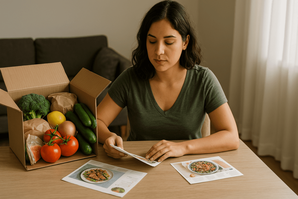 Best Meal Delivery for Families: Expert-Recommended Meal Kits and HelloFresh Competitors That Make Healthy Eating Easier 3 A young mother at a wooden kitchen table thoughtfully inspects a family meal kit filled with fresh vegetables and salmon under soft morning light. Her focused expression and the organized ingredients reflect a home-based scene rooted in the theme of healthy eating made easier through reliable meal subscriptions.