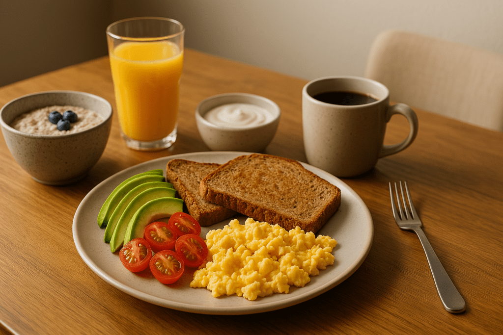 Best Breakfast Foods to Start Your Day Right: Expert-Approved Breakfast Ideas for Energy, Focus, and Fullness 2 A beautifully arranged breakfast spread sits on a wooden table in a warmly lit home kitchen, featuring avocado toast, scrambled eggs, oatmeal, and fresh juice. The clean composition and cozy indoor setting emphasize nutritious breakfast foods that promote fullness, energy, and a healthy start to the day.