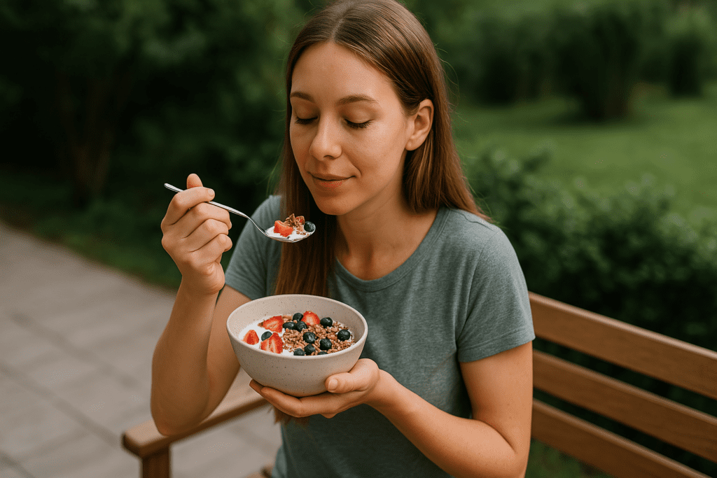 Creative Breakfast Ideas for Healthier Living: Delicious Breakfast Recipes and Menus to Start Your Day Right 2 In this close-up outdoor shot, a woman with long brown hair sits on a park bench eating a wholesome bowl of yogurt with fresh fruit and granola. Natural lighting and blurred greenery in the background highlight the calm, focused moment of starting the day with a nutrient-rich breakfast.