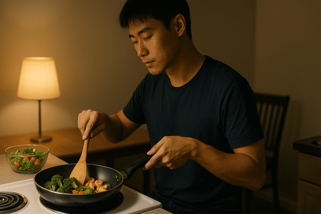 Smart Cooking for One Person: Easy, Healthy Meals for Solo Living That Make Nutrition Simple 1 In a warmly lit, dim interior kitchen, a young East Asian man stirs a healthy mix of grilled chicken and broccoli in a pan, his focused demeanor illustrating the calm, intentional pace of cooking solo. The soft ambient lighting and neutral backdrop highlight the theme of easy, nutritious meals for solo living.