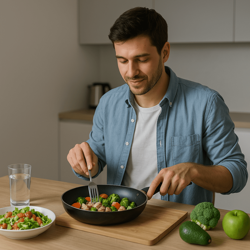Smart Cooking for One Person: Easy, Healthy Meals for Solo Living That Make Nutrition Simple 3 In a sleek, clinical-style kitchen under cool fluorescent lighting, a light-skinned man with a neat beard stirs a balanced meal in a pan while fresh produce and a prepared salad rest nearby. His focused expression and solitary presence evoke the discipline and satisfaction of cooking for one with health in mind.
