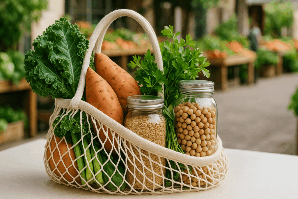 Clean Eating Made Simple: What Clean Food Really Means and How to Build a Healthy, Evidence-Based Food List 2 Reusable grocery bag filled with clean eating essentials like leafy greens, sweet potatoes, herbs, legumes, and whole grains in glass jars at a farmers’ market.