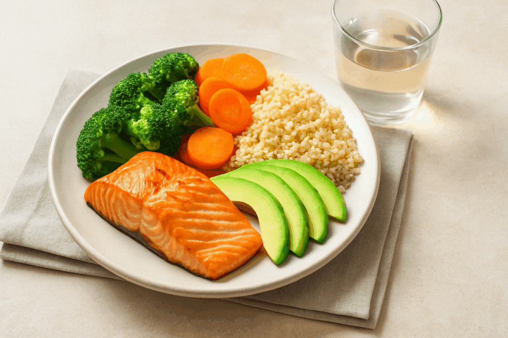Clean Eating Made Simple: What Clean Food Really Means and How to Build a Healthy, Evidence-Based Food List 3 Balanced clean eating meal with grilled salmon, steamed broccoli and carrots, quinoa, avocado slices, and a glass of water.