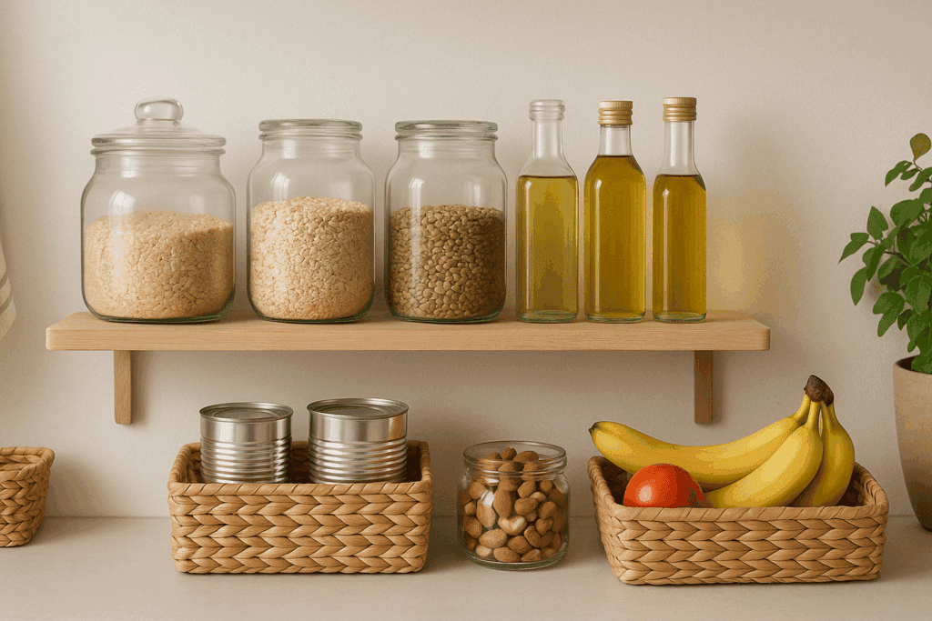Clean Eating Made Simple: What Clean Food Really Means and How to Build a Healthy, Evidence-Based Food List 5 Well-organized pantry shelf in a minimalist kitchen stocked with clean eating staples like brown rice, oats, lentils, nuts, canned beans, healthy oils, and fresh fruit in glass jars and baskets.