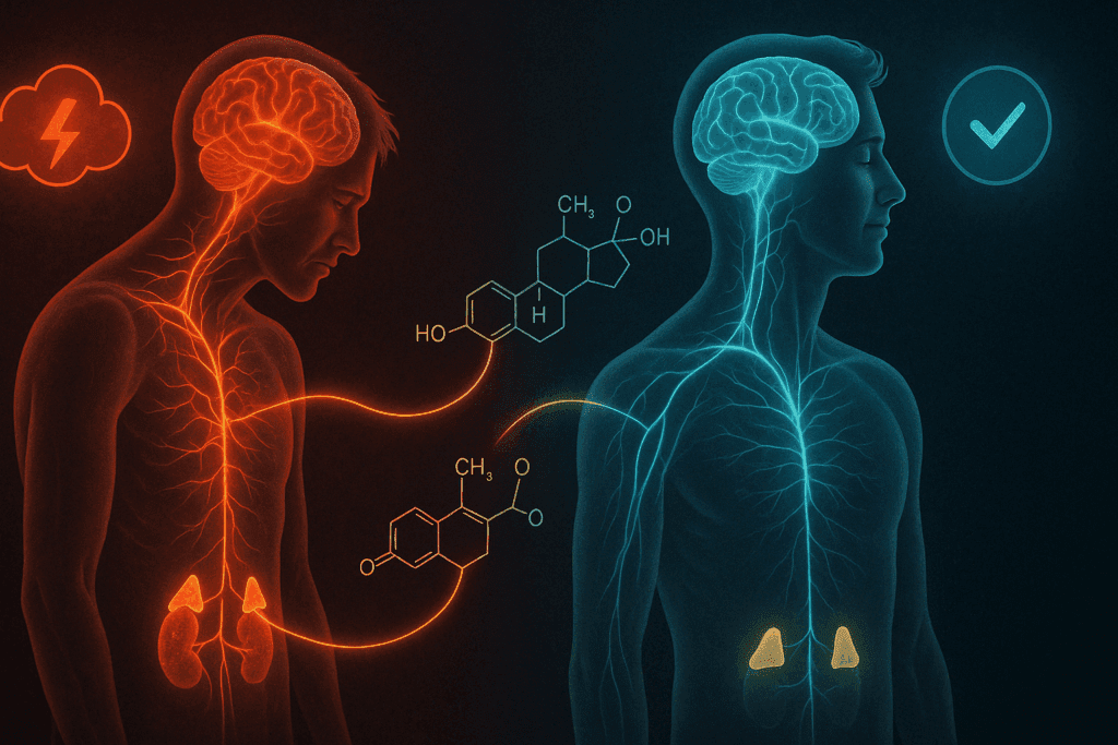 Cortisol Triggering Foods and Stress Definition Foods: What to Eat (and Avoid) to Support a Calmer, Healthier Lifestyle 1 Conceptual illustration of stressed and calm human figures showing adrenal glands, brain, and nervous system, highlighting the effects of Cortisol Triggering Foods on hormonal balance.