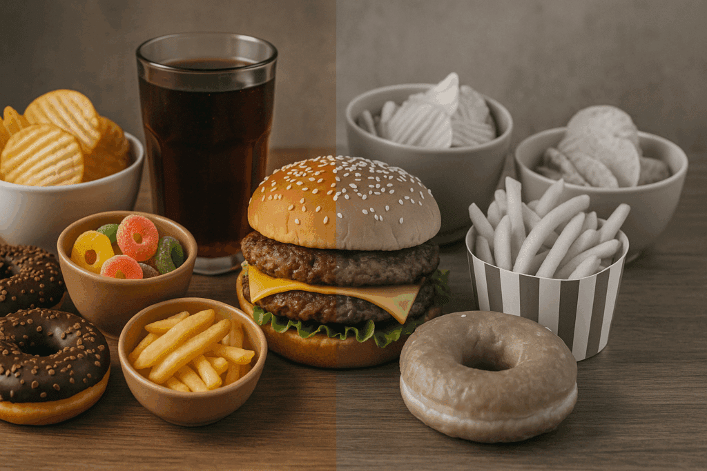 Cortisol Triggering Foods and Stress Definition Foods: What to Eat (and Avoid) to Support a Calmer, Healthier Lifestyle 2 Side-by-side display of Cortisol Triggering Foods including burgers, fries, donuts, and soda, with half shown in grayscale to highlight their negative effects