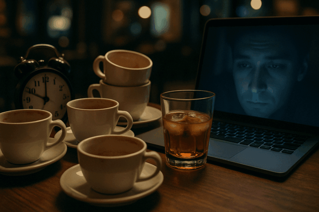 Cortisol Triggering Foods and Stress Definition Foods: What to Eat (and Avoid) to Support a Calmer, Healthier Lifestyle 3 Cluttered coffee shop table with empty coffee cups, a whiskey glass, and a glowing laptop—visualizing Cortisol Triggering Foods and overstimulation.