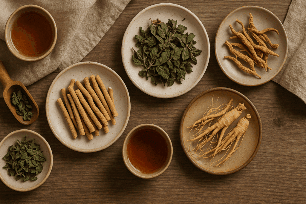 Cortisol Triggering Foods and Stress Definition Foods: What to Eat (and Avoid) to Support a Calmer, Healthier Lifestyle 4 Flat lay of cortisol triggering foods including dried ashwagandha, rhodiola, holy basil, and ginseng roots on ceramic plates with herbal teas on a rustic wooden table.