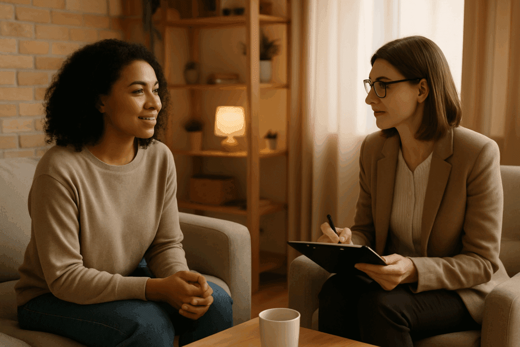 Do I Have an Eating Disorder? How a Trusted Eating Disorder Quiz Can Help You Understand the Signs and Seek Support 7 Therapist and client engaged in a supportive therapy session in a cozy office, creating a warm and inviting atmosphere for healing