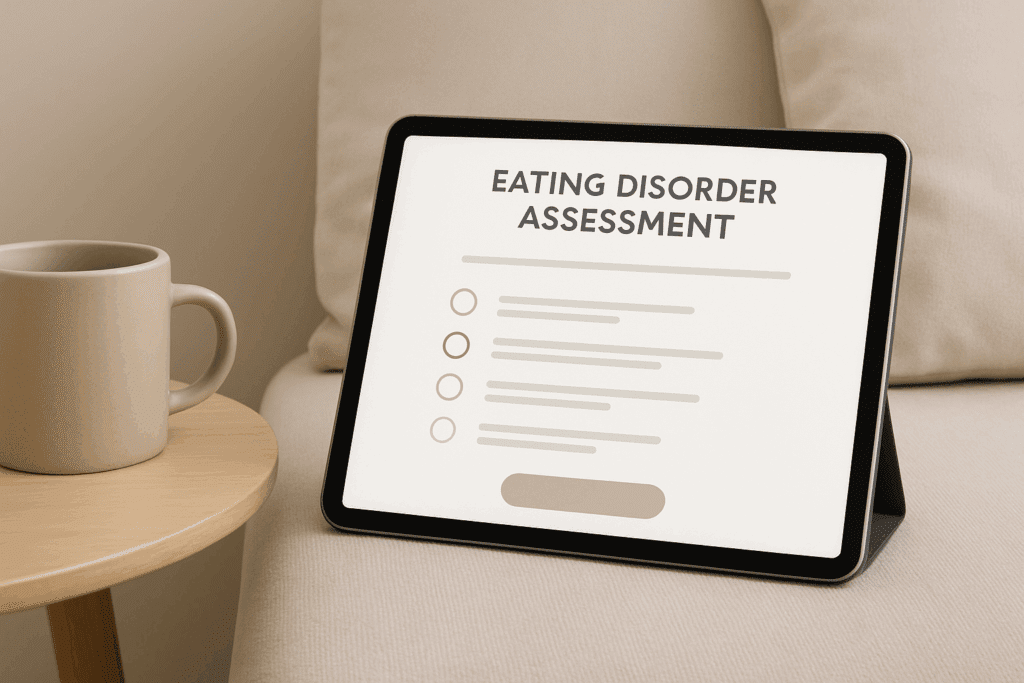 Do I Have an Eating Disorder? How a Trusted Eating Disorder Quiz Can Help You Understand the Signs and Seek Support 3 A digital tablet displaying a modern eating disorder assessment quiz on a beige fabric couch, with a neutral-toned ceramic mug on a light wood coffee table in the background, illustrating a comfortable and accessible setting for taking the quiz