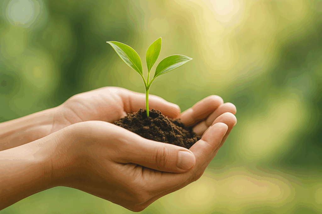 Do I Have an Eating Disorder? How a Trusted Eating Disorder Quiz Can Help You Understand the Signs and Seek Support 6 Close-up of light-skinned hands gently holding a small plant sprout, symbolizing growth and healing. The soft, natural background creates a calm and hopeful atmosphere, emphasizing the importance of early intervention and support