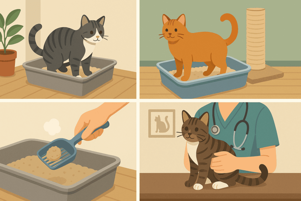 Dr. Elsey’s Approach to Cat Psychology: Understanding Feline Behavior 4 Diagram illustrating cat psychology with four scenes: proper litter box placement, cat using clean litter, frequent scooping, and vet examining a healthy cat.
