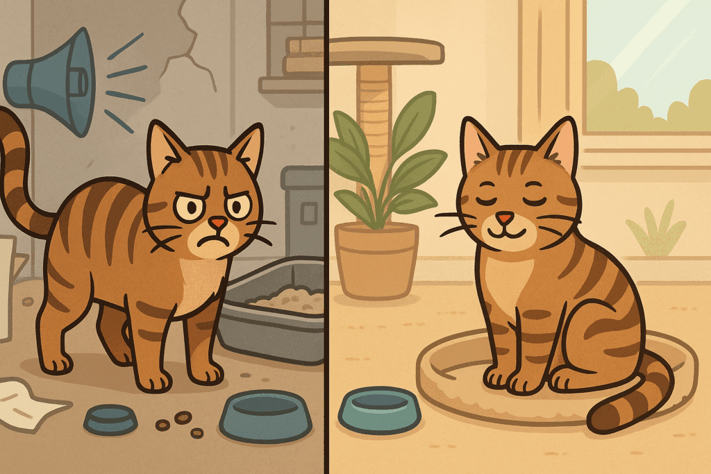 Dr. Elsey’s Approach to Cat Psychology: Understanding Feline Behavior 2 Side-by-side comparison of two indoor environments illustrating cat psychology, with a stressed cat in a cluttered space and a relaxed cat in a calm, enriched setting