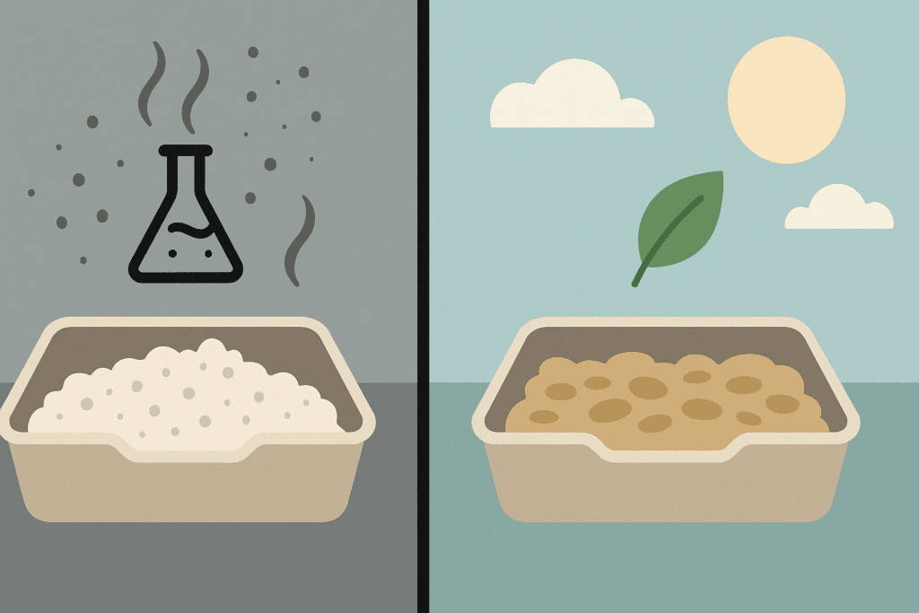Dr. Elsey’s Natural Solutions: Safeguarding Kittens from Scented Litter Hazards 4 Visual comparison illustrating Safeguarding Kittens by showing unsafe scented litter with fumes beside natural, dust-free litter in a clean environment
