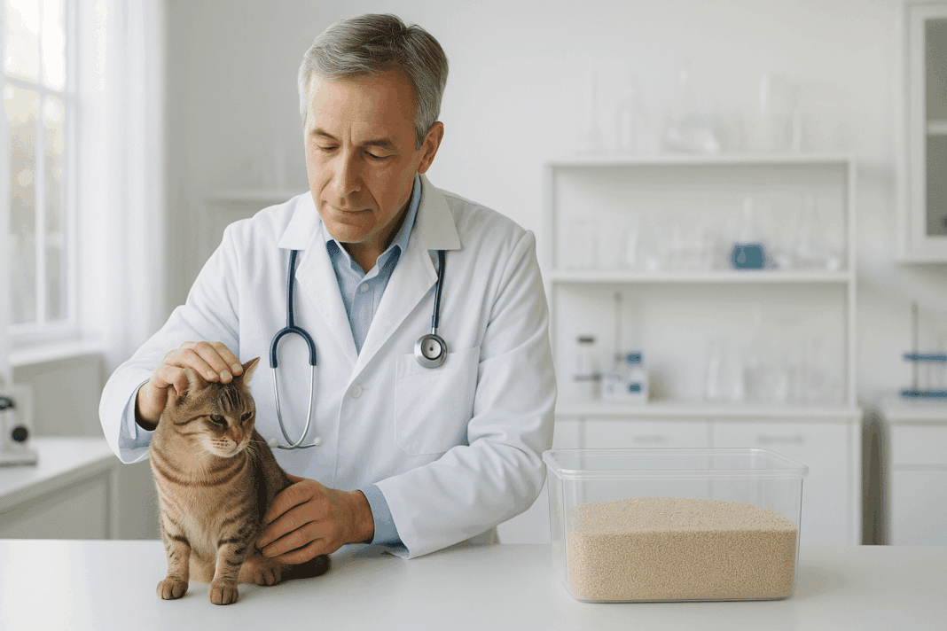 Veterinarian examining a calm cat next to a clear container of natural, unscented scented litter in a bright, modern clinic