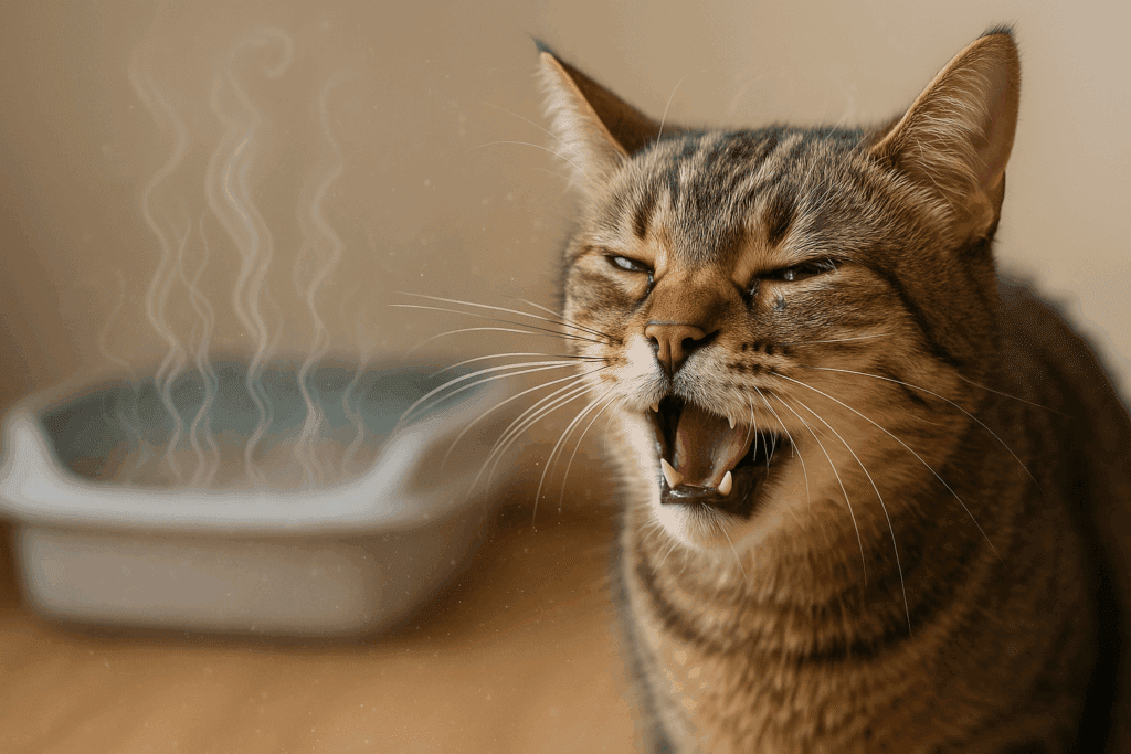 Dr. Elsey's Vision for the Future: Eliminating Scented Litter from the Market 1 Cat mid-sneeze near scented litter box, with visible fragrance wisps and airborne dust in a warmly lit home.