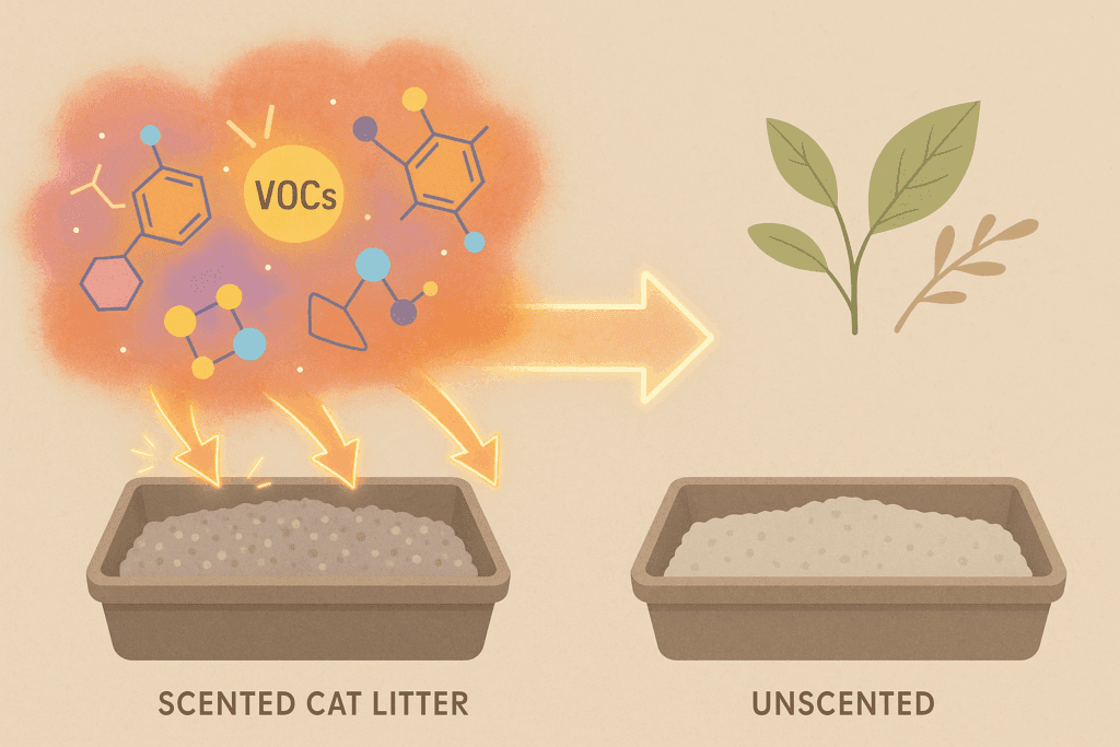 Dr. Elsey's Vision for the Future: Eliminating Scented Litter from the Market 2 Diagram contrasting scented litter emitting colorful chemical compounds with natural, chemical-free unscented litter