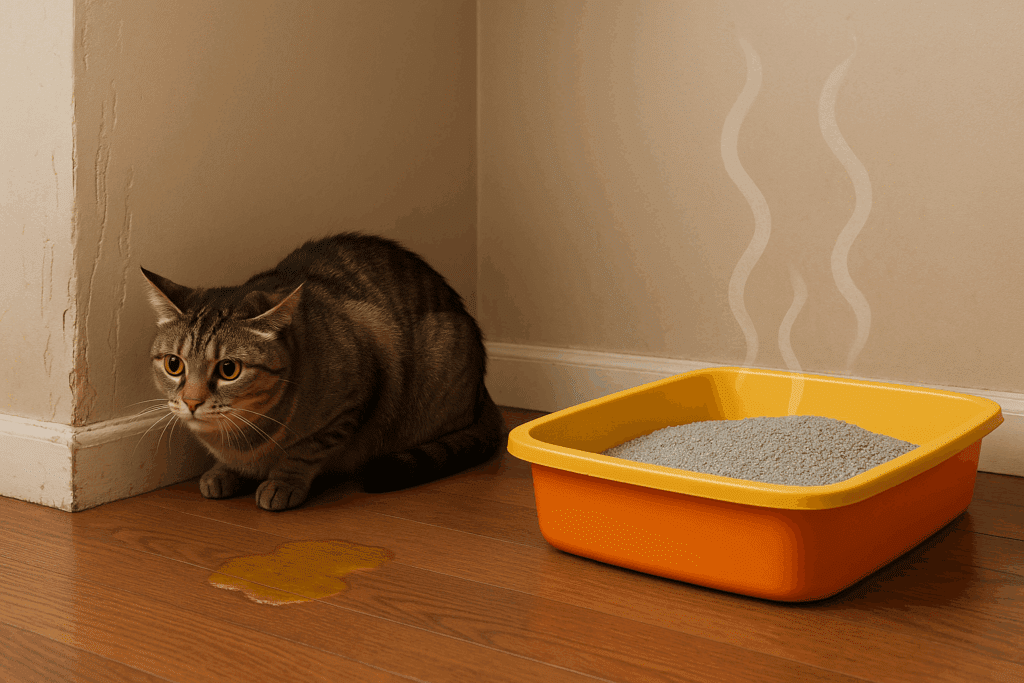 Dr. Elsey's Vision for the Future: Eliminating Scented Litter from the Market 3 Distressed cat crouching near a brightly colored litter box with scented litter, avoiding the box in a domestic setting.