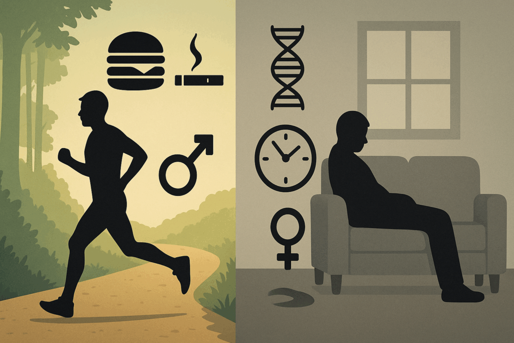 Endurance Training and Heart Health: What Causes Cardiovascular Disease and How Smart Fitness Can Reduce Your Risk 2 Split scene showing what causes cardiovascular disease with an active runner outdoors beside a sedentary person indoors, surrounded by icons for modifiable and nonmodifiable risk factors