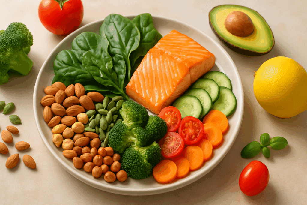 Feeling Low After Meals? Understanding Why Eating Anything Makes Me Depressed and Which Foods May Contribute to Depression 5 Plate of nutrient-rich whole foods including salmon, leafy greens, and nuts, illustrating how eating anything makes me depressed when nutrition is lacking.