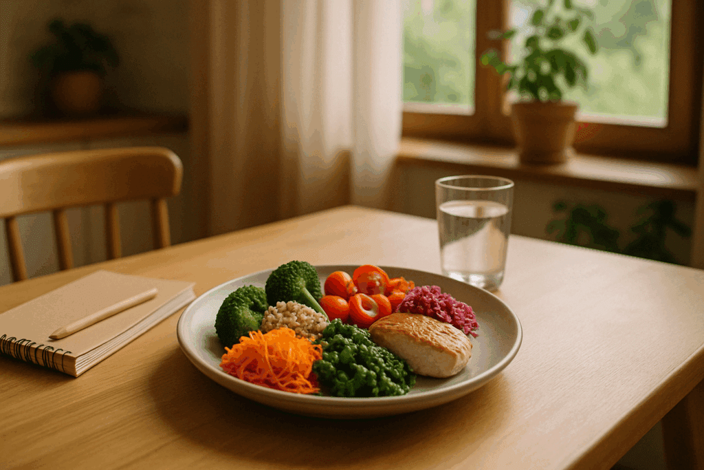 Feeling Low After Meals? Understanding Why Eating Anything Makes Me Depressed and Which Foods May Contribute to Depression 6 Balanced meal of vegetables, grains, and lean protein on a wooden table with a journal and water, illustrating how eating anything makes me depressed in a wellness context.