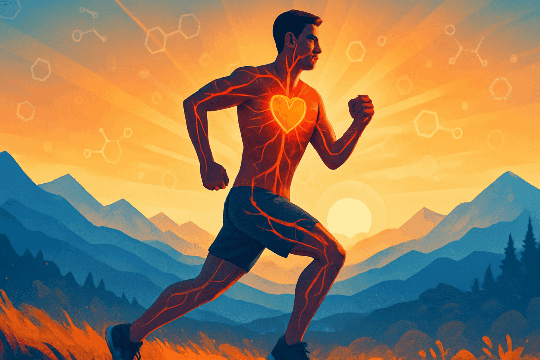 Endurance runner at sunrise with glowing heart and veins, symbolizing cardiovascular strength and diabetic heart healthy diet benefits.
