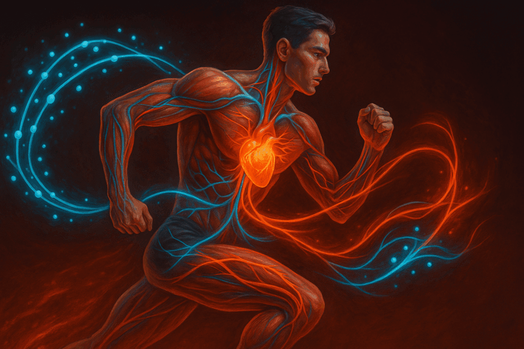 Fueling Endurance with the Right Nutrition: How a Diabetic Heart Healthy Diet Supports Performance and Protects Against Heart Disease 1 Conceptual illustration of a runner’s glowing heart and muscles showing glucose flow and oxygenation, symbolizing a diabetic heart healthy diet.