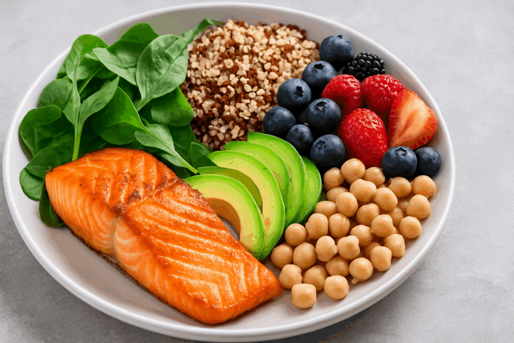Fueling Endurance with the Right Nutrition: How a Diabetic Heart Healthy Diet Supports Performance and Protects Against Heart Disease 2 Grilled salmon, quinoa, leafy greens, avocado, berries, and legumes arranged on a plate as part of a diabetic heart healthy diet.