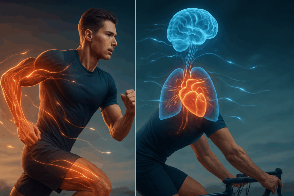 Fueling Endurance with the Right Nutrition: How a Diabetic Heart Healthy Diet Supports Performance and Protects Against Heart Disease 3 Split-screen of an athlete running and cycling, showing enhanced muscles, brain, and heart to illustrate benefits of a diabetic heart healthy diet.