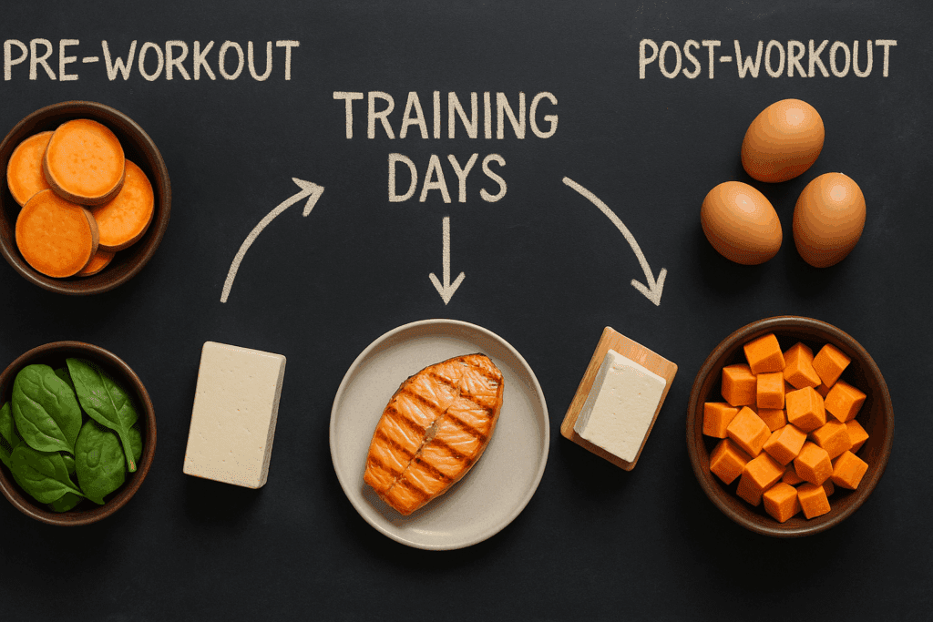 Fueling Endurance with the Right Nutrition: How a Diabetic Heart Healthy Diet Supports Performance and Protects Against Heart Disease 4 Strategic meal layout featuring grilled fish, tofu, spinach, eggs, and sweet potatoes for a diabetic heart healthy diet.