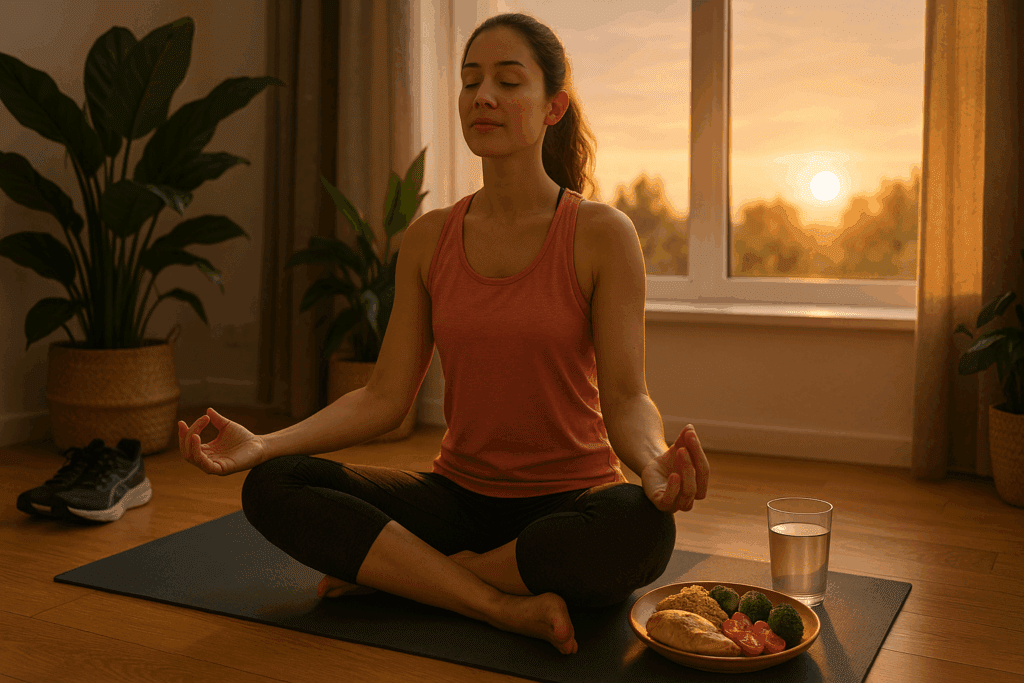 Fueling Endurance with the Right Nutrition: How a Diabetic Heart Healthy Diet Supports Performance and Protects Against Heart Disease 6 Woman meditating post-run beside a balanced meal and water, promoting a diabetic heart healthy diet in a calm sunrise-lit room.