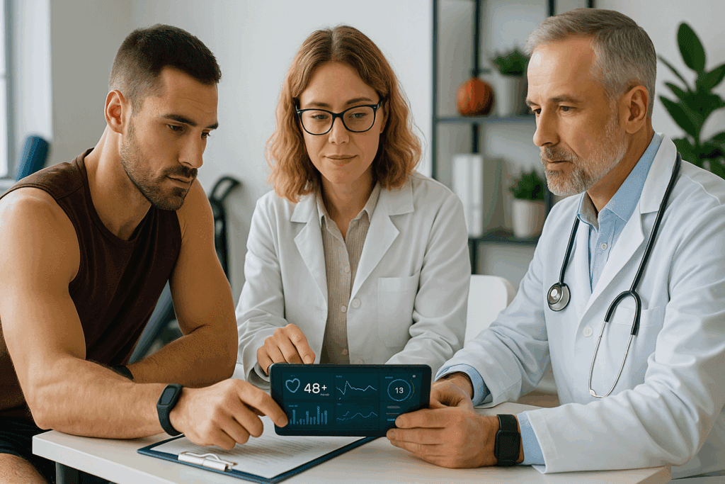Fueling Endurance with the Right Nutrition: How a Diabetic Heart Healthy Diet Supports Performance and Protects Against Heart Disease 7 Athlete consulting with a dietitian and cardiologist reviewing digital vitals, emphasizing a diabetic heart healthy diet.