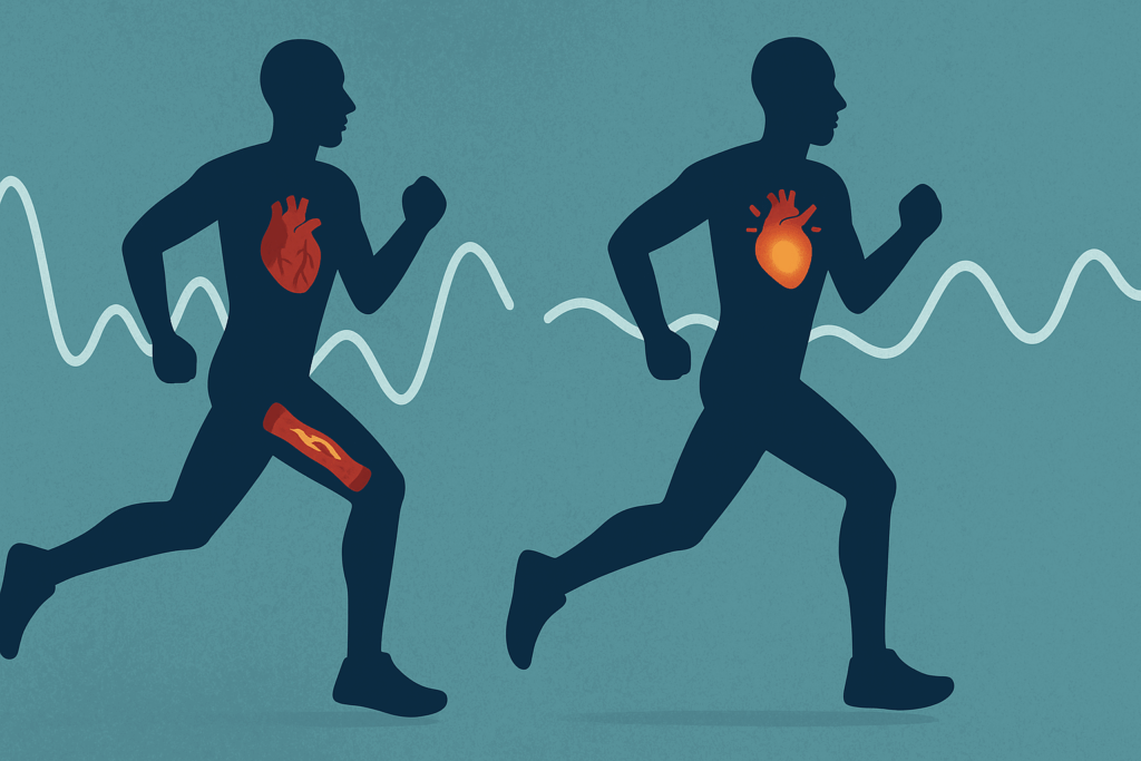 Fueling Endurance with the Right Nutrition: How a Diabetic Heart Healthy Diet Supports Performance and Protects Against Heart Disease 8 Two running athletes compared—one with inflamed arteries and erratic blood sugar, the other with a glowing heart and stable glucose levels, illustrating the benefits of a diabetic heart healthy diet.