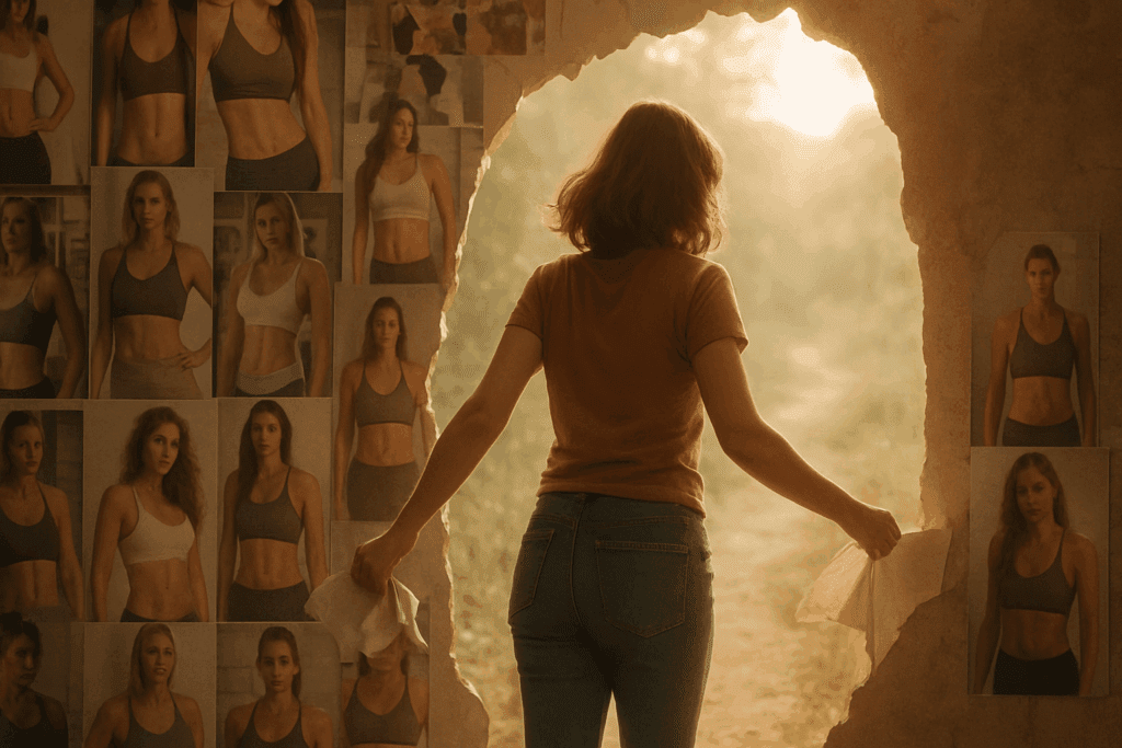 Healthy Habits for Recovery: How Mindful Eating Can Support Those Living with Bulimia Nervosa 1 Woman stepping through torn wall of diet culture posters into sunlight, symbolizing Healthy Habits for Recovery and self-acceptance.