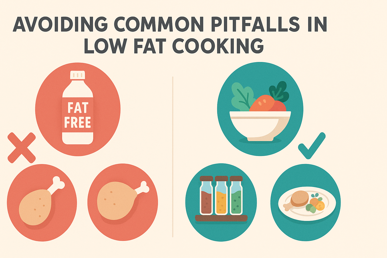 Healthy Low Fat Dinners for 2: Expert-Approved Recipes That Make Nutrition Simple and Delicious 6 Infographic showing common mistakes and smart tips for preparing healthy low fat dinners for 2, using icons of fat-free products vs whole foods and spices