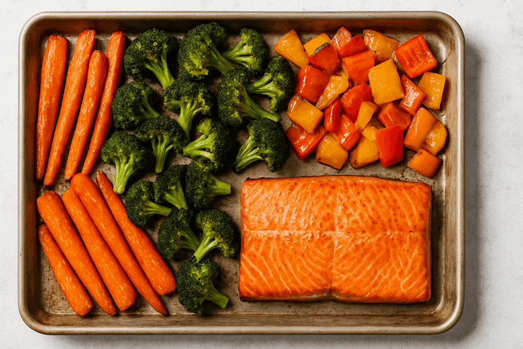 Healthy Oven Dishes Made Easy: Expert-Approved Baked Dinner Ideas for a Nutritious Lifestyle 1 Roasted carrots, broccoli, and bell peppers with baked salmon on a sheet pan, showcasing colorful, healthy oven dishes.