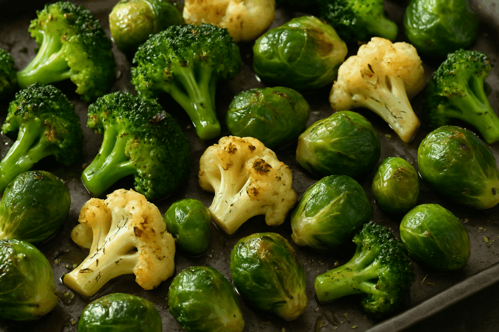Healthy Oven Dishes Made Easy: Expert-Approved Baked Dinner Ideas for a Nutritious Lifestyle 2 Oven-roasted broccoli, cauliflower, and Brussels sprouts with olive oil and herbs on a baking tray, showcasing healthy oven dishes.