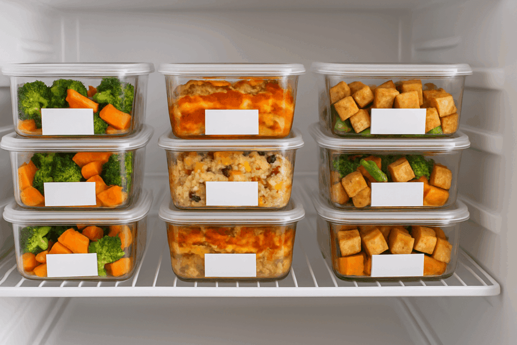 Healthy Oven Dishes Made Easy: Expert-Approved Baked Dinner Ideas for a Nutritious Lifestyle 4 Meal prep containers filled with healthy oven dishes like roasted vegetables, tofu, and casseroles neatly organized in a refrigerator.