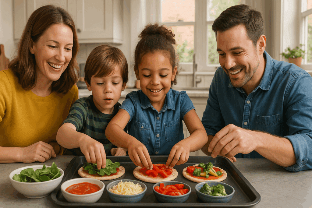 Healthy Oven Dishes Made Easy: Expert-Approved Baked Dinner Ideas for a Nutritious Lifestyle 5 Smiling family making healthy oven dishes together, with kids adding vegetables to mini pita pizzas in a bright kitchen