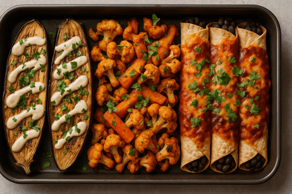 Healthy Oven Dishes Made Easy: Expert-Approved Baked Dinner Ideas for a Nutritious Lifestyle 7 Healthy oven dishes featuring Mediterranean baked eggplant, Indian tandoori vegetables, and black bean enchiladas on a tray