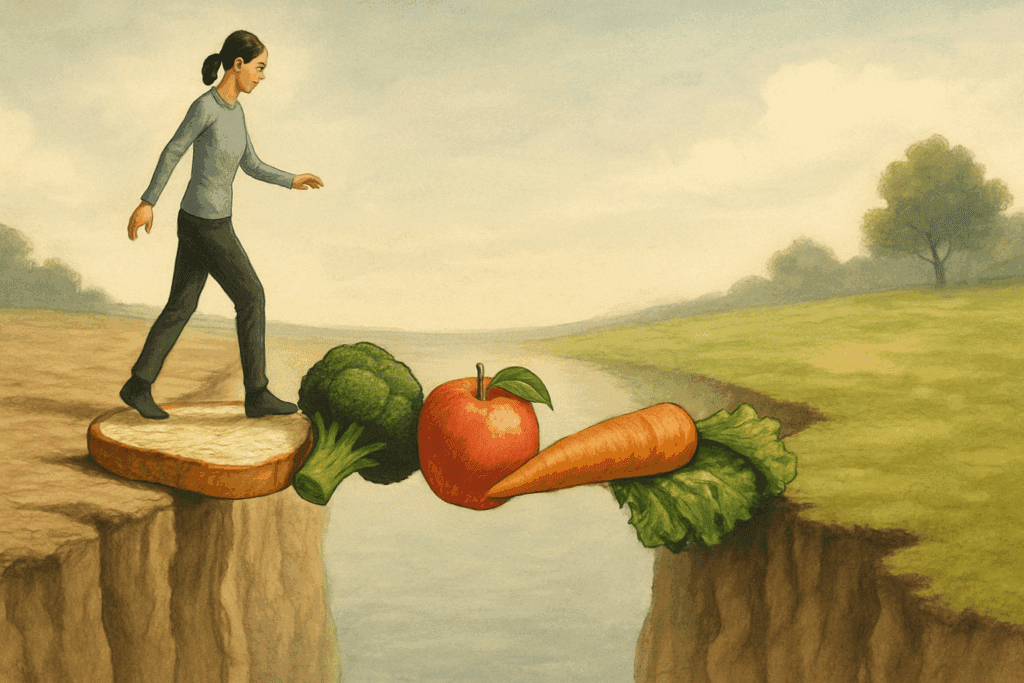 How CBT for Eating Disorders Supports Healthier Habits: Exploring the Role of Cognitive Behavioral Therapy in Mindful Eating and Recovery 2 Person cautiously walking across a bridge made of food like bread, broccoli, and fruit toward a peaceful meadow, symbolizing recovery through CBT for Eating Disorders.