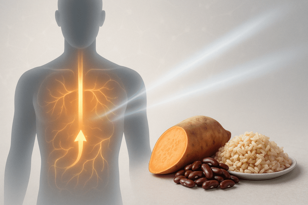 How Carbs and Weight Loss Are Connected: What Science Really Says About Carbohydrates and Fat Loss 2 Visual of human energy pathways showing glucose metabolism and insulin flow, with sweet potatoes, beans, and brown rice highlighting carbs and weight loss