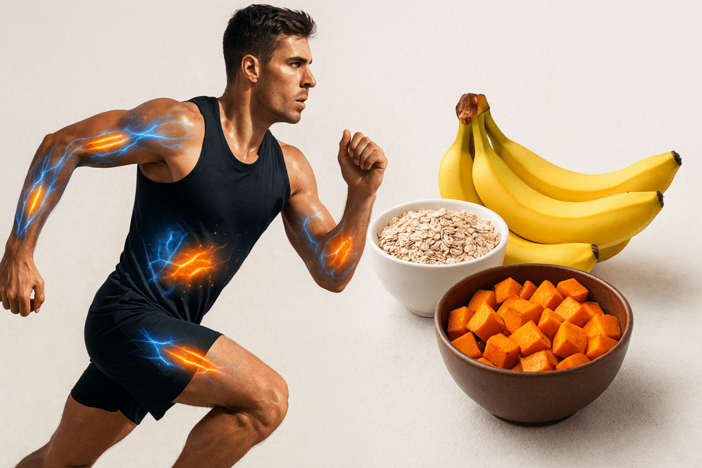 How Carbs and Weight Loss Are Connected: What Science Really Says About Carbohydrates and Fat Loss 4 Athletic man mid-run with glowing muscles and a high-carb meal of bananas, oats, and sweet potatoes, illustrating carbs and weight loss.