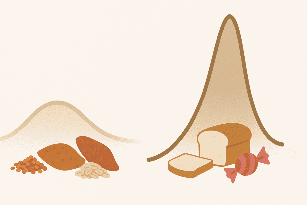 How Carbs and Weight Loss Are Connected: What Science Really Says About Carbohydrates and Fat Loss 5 Visual comparison of blood sugar curves showing how low-GI and high-GI foods impact carbs and weight loss differently