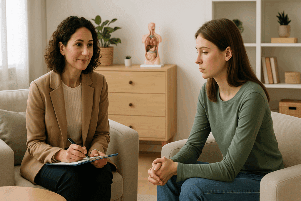 How Eating Disorder Specialists and Therapy Can Support a Healthier Lifestyle Through Mindful Nutrition 1 An eating disorder specialist attentively listens to a young adult client during a therapy session in a comfortable, warm consultation room, emphasizing the compassionate role of Eating Disorder Specialists in supporting mental wellness