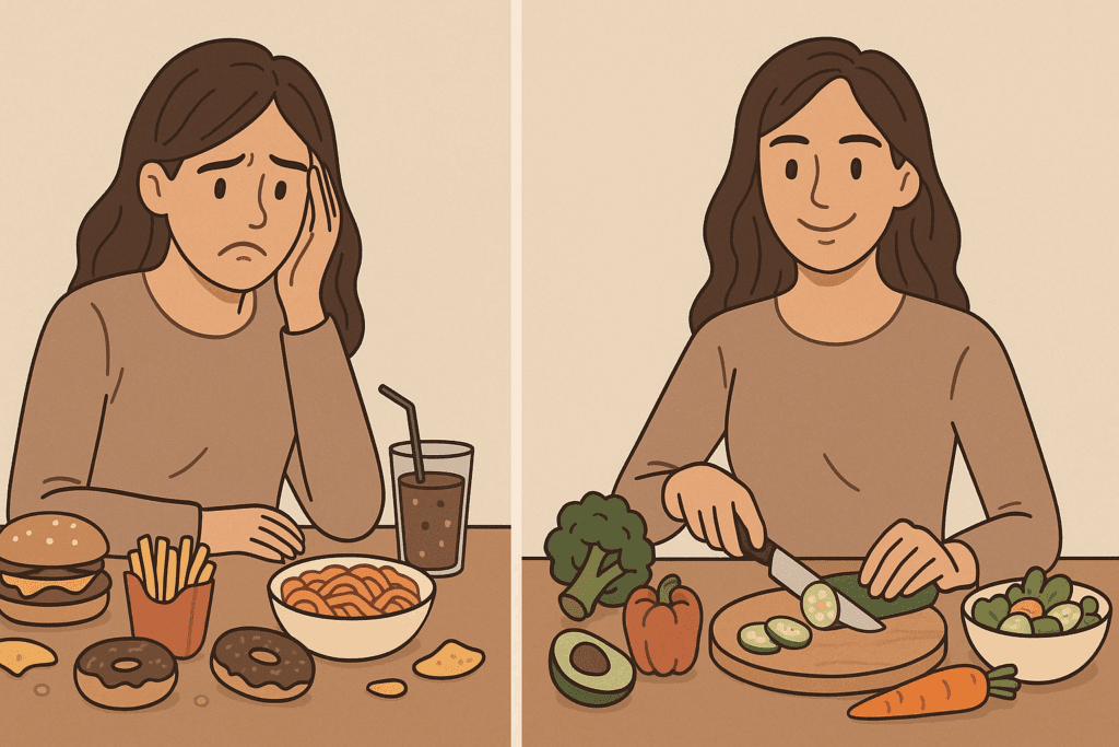 How Eating Disorder Specialists and Therapy Can Support a Healthier Lifestyle Through Mindful Nutrition 6 Illustration showing a person’s journey with eating disorder specialists, transitioning from anxiety over unhealthy food to feeling empowered while preparing a healthy meal